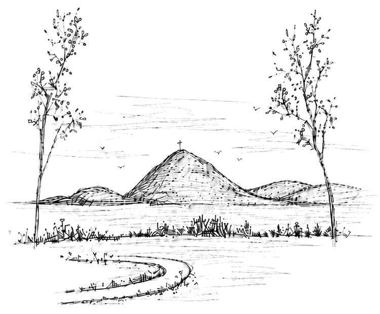 Dibujo de un cerro con una cruz entre dos árboles